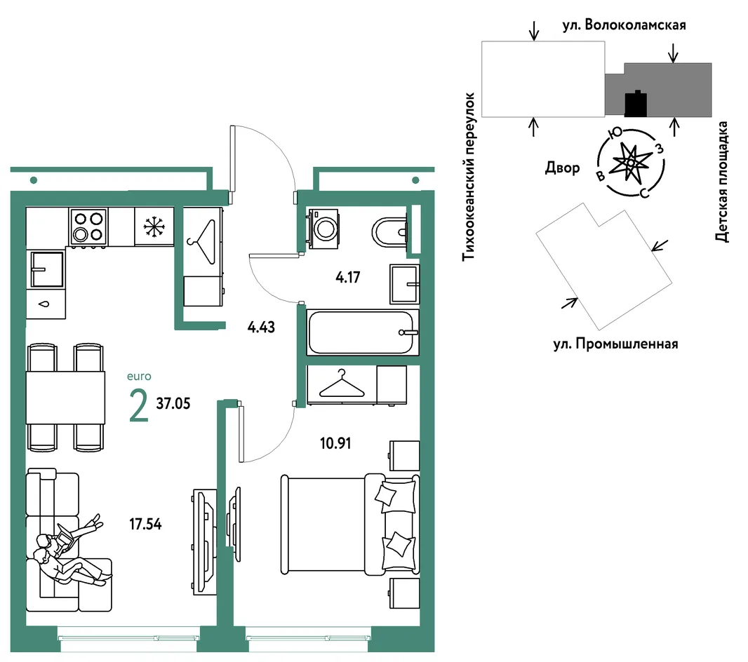 Планировка 2-комн. квартира, 37.05 м² ЖК «Страна Прибрежная»