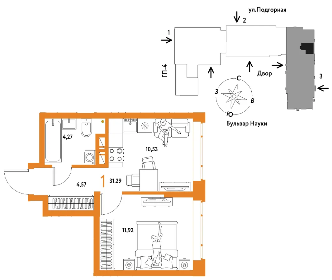 Планировка 1-комн. квартира, 31.29 м² ЖК «Авторский»