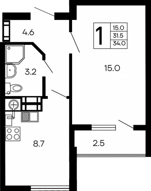 Планировка 1-комн. квартира, 34 м² ЖК «Семейный»