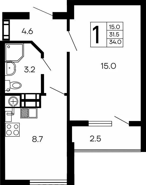 Планировка 1-комн. квартира, 34 м² ЖК «Семейный»