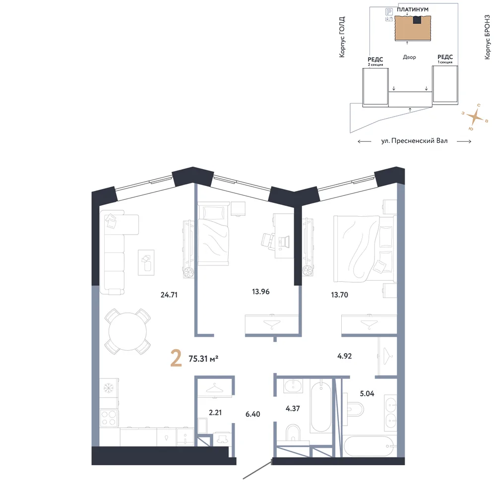 Планировка 2-комн. квартира, 75.31 м² ЖК «Репаблик»