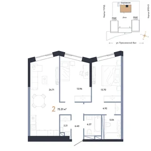 Планировка 2-комн. квартира, 75.31 м² ЖК «Репаблик»