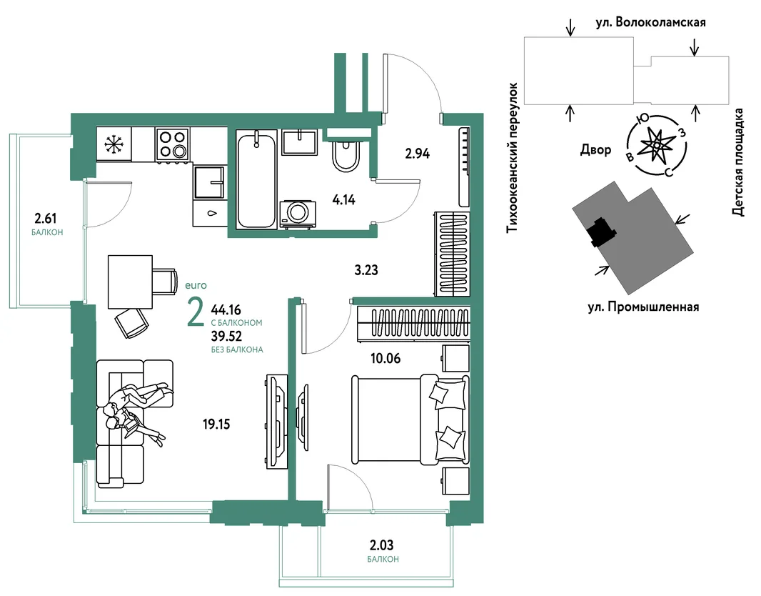 Планировка 2-комн. квартира, 44.16 м² ЖК «Страна Прибрежная»