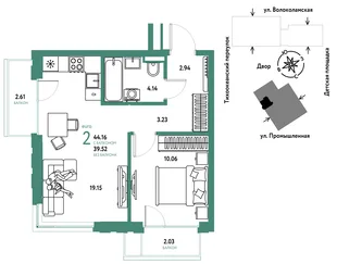 Планировка 2-комн. квартира, 44.16 м² ЖК «Страна Прибрежная»