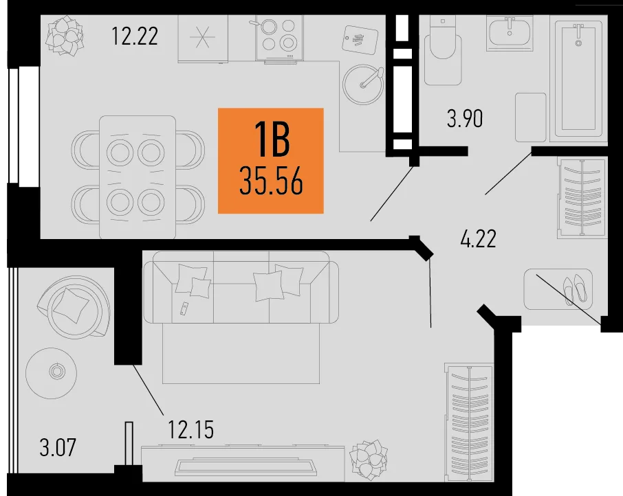 Планировка 1-комн. квартира, 35.56 м² ЖК «Столицыно»