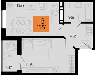 Планировка 1-комн. квартира, 35.56 м² ЖК «Столицыно»