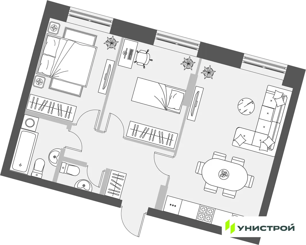 Планировка 2-комн. квартира, 60.68 м² ЖК «Уникум на Проспекте Победы»