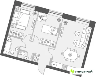 Планировка 2-комн. квартира, 60.68 м² ЖК «Уникум на Проспекте Победы»