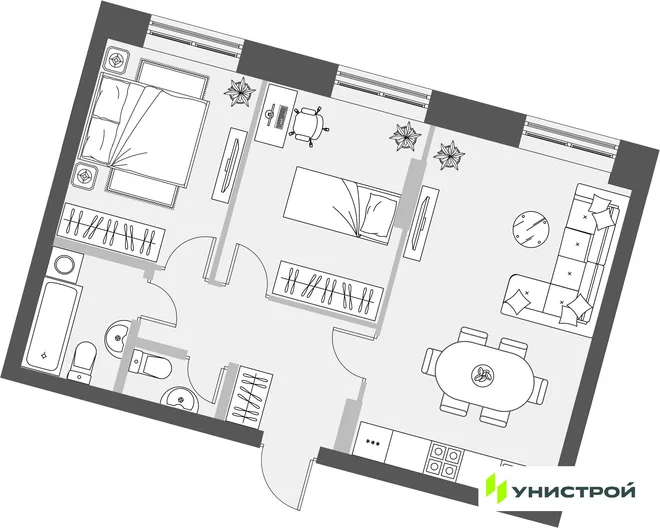 Планировка 2-комн. квартира, 60.68 м² ЖК «Уникум на Проспекте Победы» Планировка 2-комн. квартира, 60.68 м² ЖК «Уникум на Проспекте Победы»