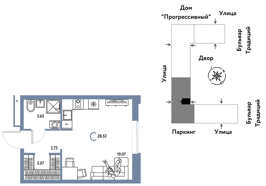 Планировка Студия, 28.52 м² ЖК «Микрорайон Домашний»
