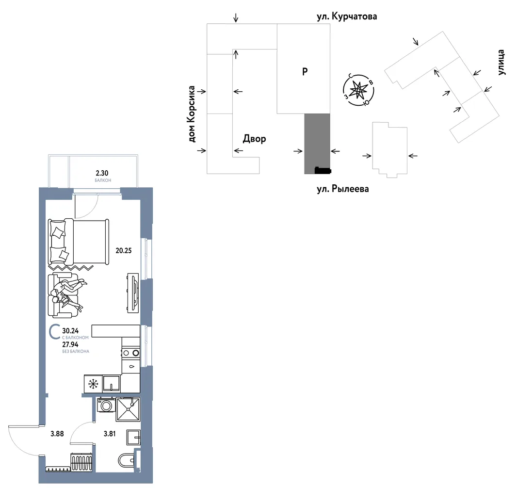 Планировка Студия, 30.25 м² ЖК «Остров-сад»