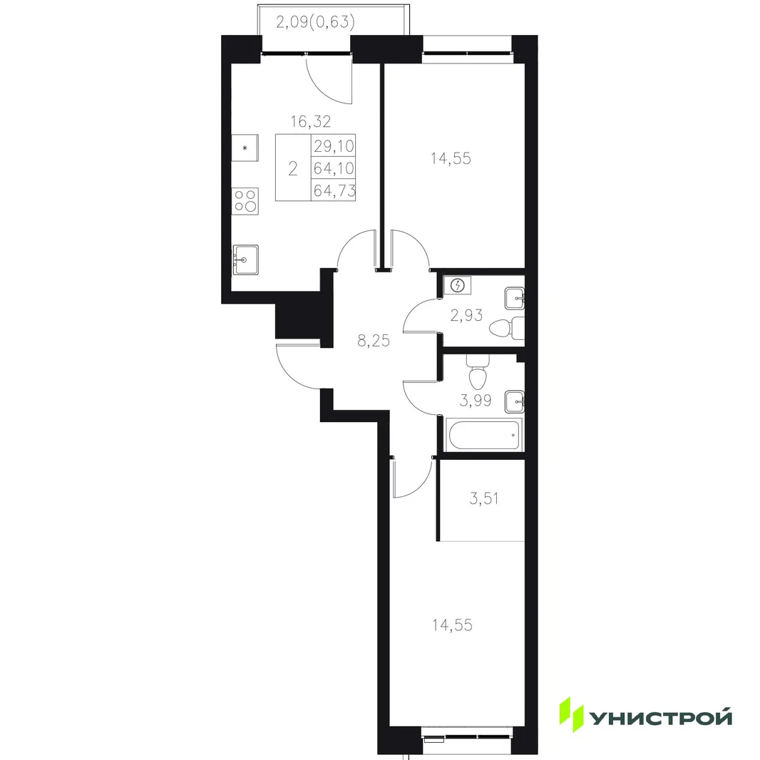 Планировка 2-комн. квартира, 64.73 м² ЖК «Statum»