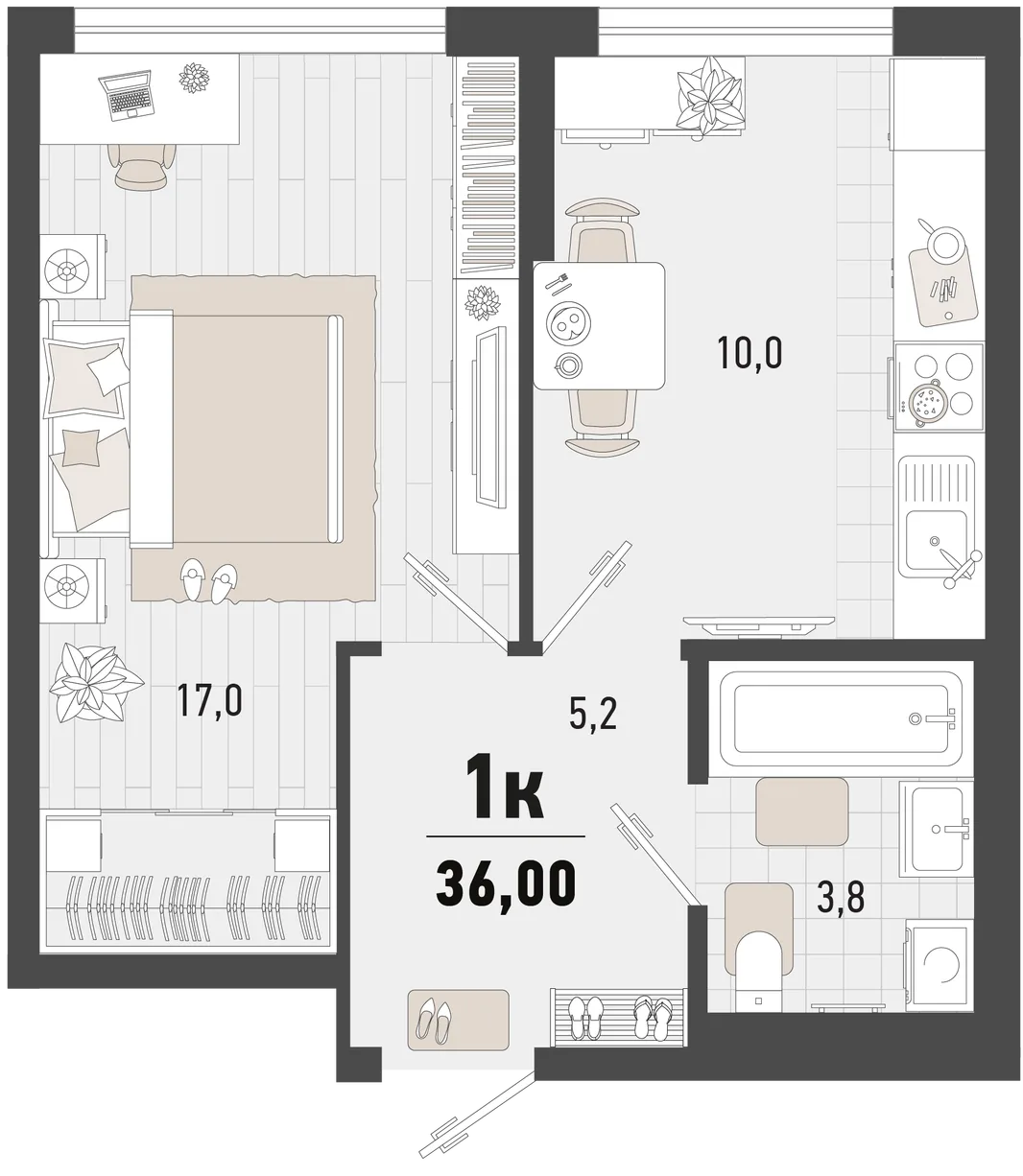 Планировка 1-комн. квартира, 36 м² ЖК «Барса»