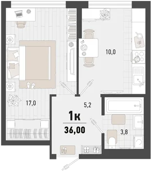 Планировка 1-комн. квартира, 36 м² ЖК «Барса»
