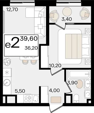 Планировка 2-комн. квартира, 39.6 м² ЖК «Патрики»