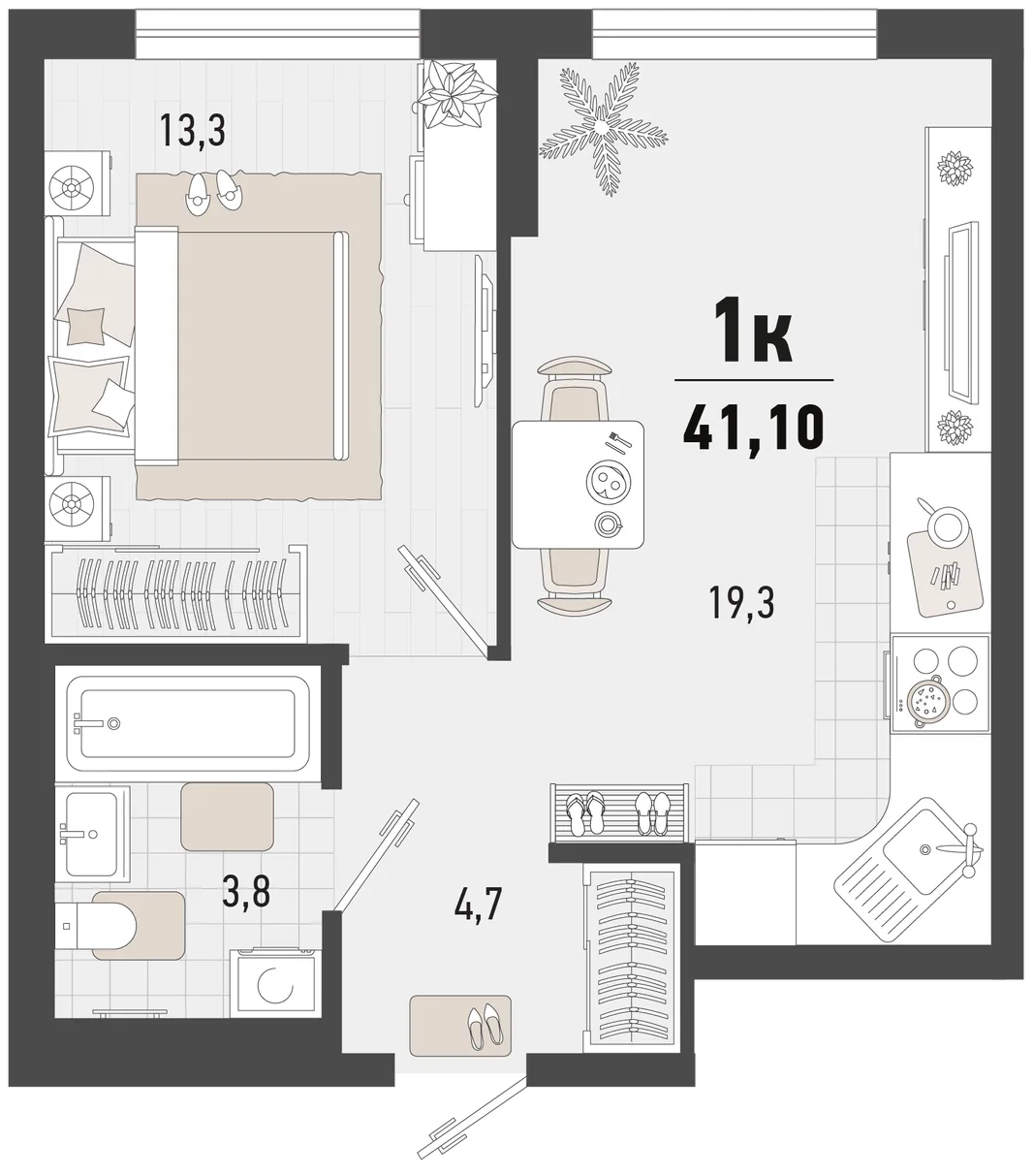 Планировка 1-комн. квартира, 41.1 м² ЖК «Барса»