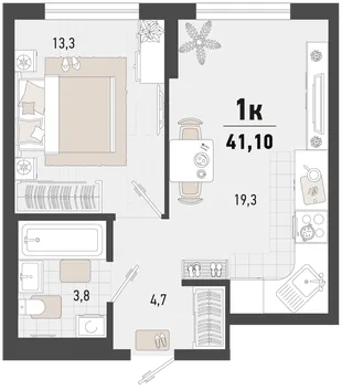 Планировка 1-комн. квартира, 41.1 м² ЖК «Барса»