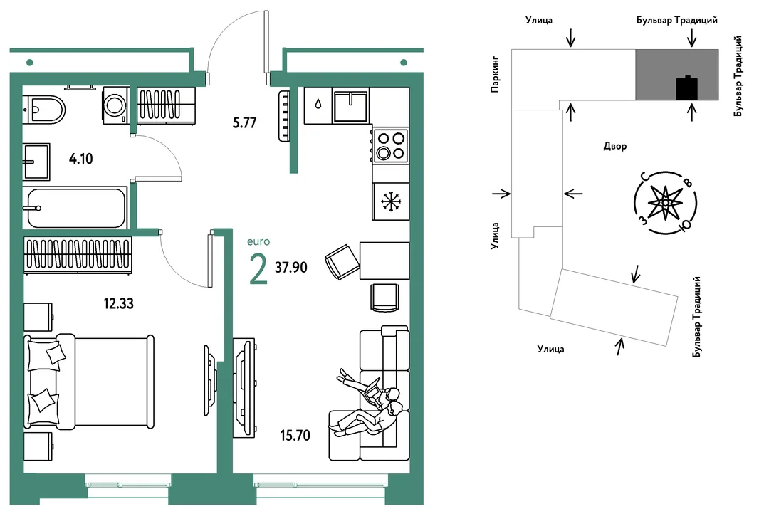 Планировка 2-комн. квартира, 37.9 м² ЖК «Микрорайон Домашний»