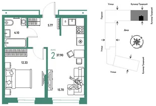 Планировка 2-комн. квартира, 37.9 м² ЖК «Микрорайон Домашний»