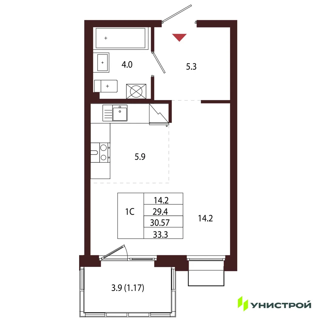 Планировка 1-комн. квартира, 30.57 м² ЖК «Лисино»