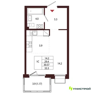 Планировка 1-комн. квартира, 30.57 м² ЖК «Лисино»