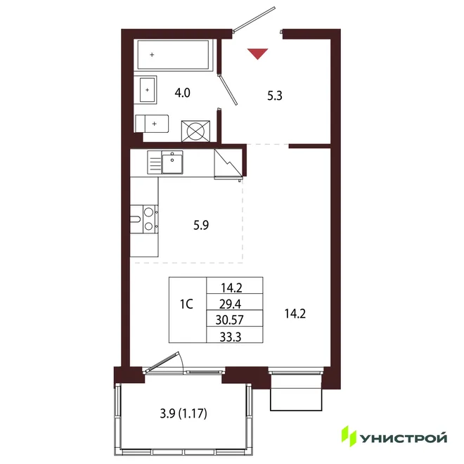 Планировка 1-комн. квартира, 30.57 м² ЖК «Лисино» Планировка 1-комн. квартира, 30.57 м² ЖК «Лисино»