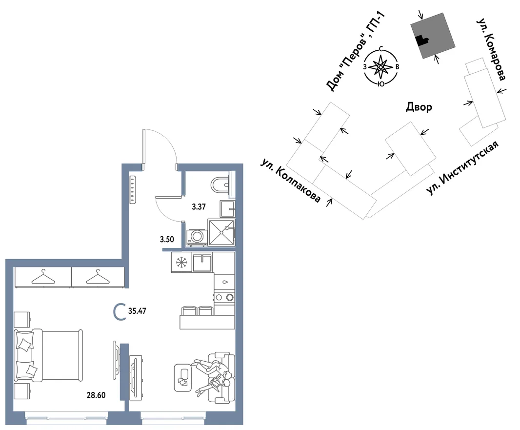 Планировка Студия, 35.47 м² ЖК «Страна.Парковая»