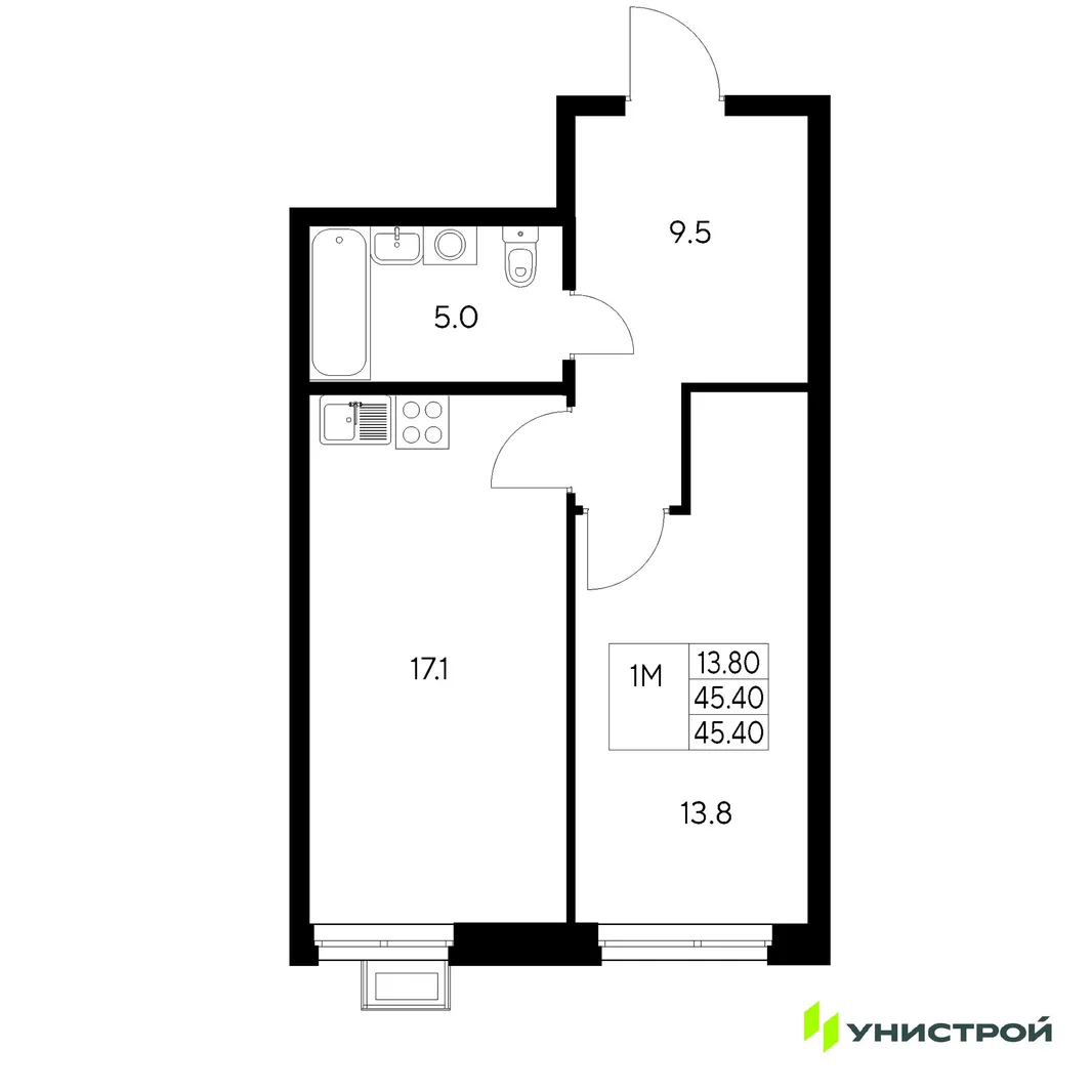 Планировка 1-комн. квартира, 45.4 м² ЖК «Стадиум»