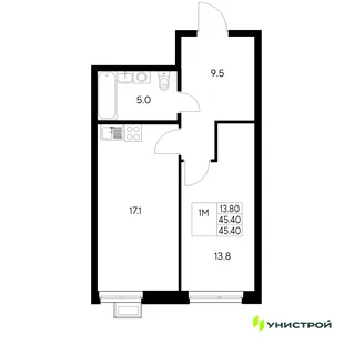 Планировка 1-комн. квартира, 45.4 м² ЖК «Стадиум»