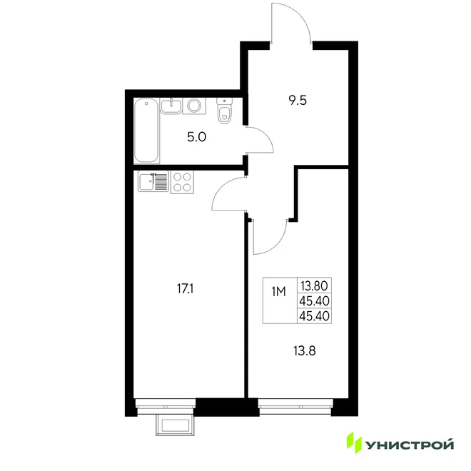 Планировка 1-комн. квартира, 45.4 м² ЖК «Стадиум» Планировка 1-комн. квартира, 45.4 м² ЖК «Стадиум»