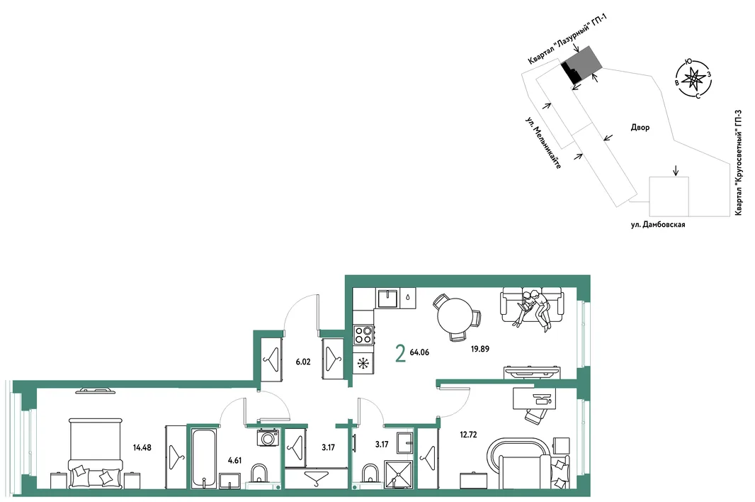 Планировка 2-комн. квартира, 64.06 м² ЖК «Страна Прибрежная»