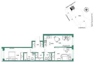 Планировка 2-комн. квартира, 64.06 м² ЖК «Страна Прибрежная»