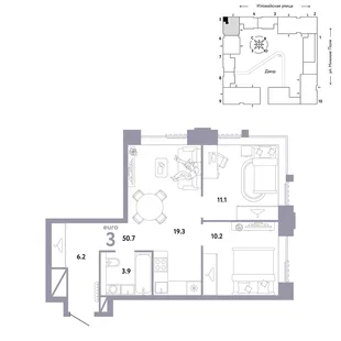 Планировка 3-комн. квартира, 50.7 м² ЖК «Страна.Заречная»