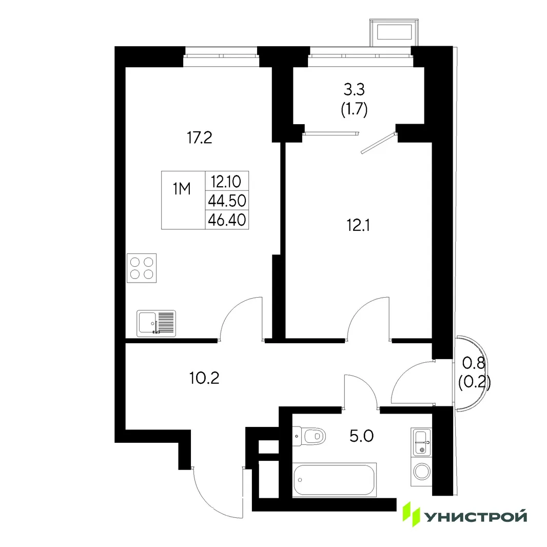 Планировка 1-комн. квартира, 46.4 м² ЖК «Стадиум»