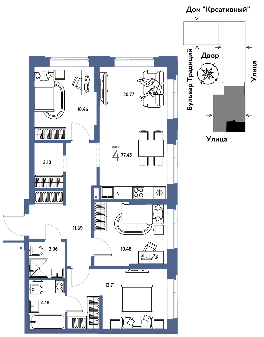 Планировка 4-комн. квартира, 77.45 м² ЖК «Микрорайон Домашний»