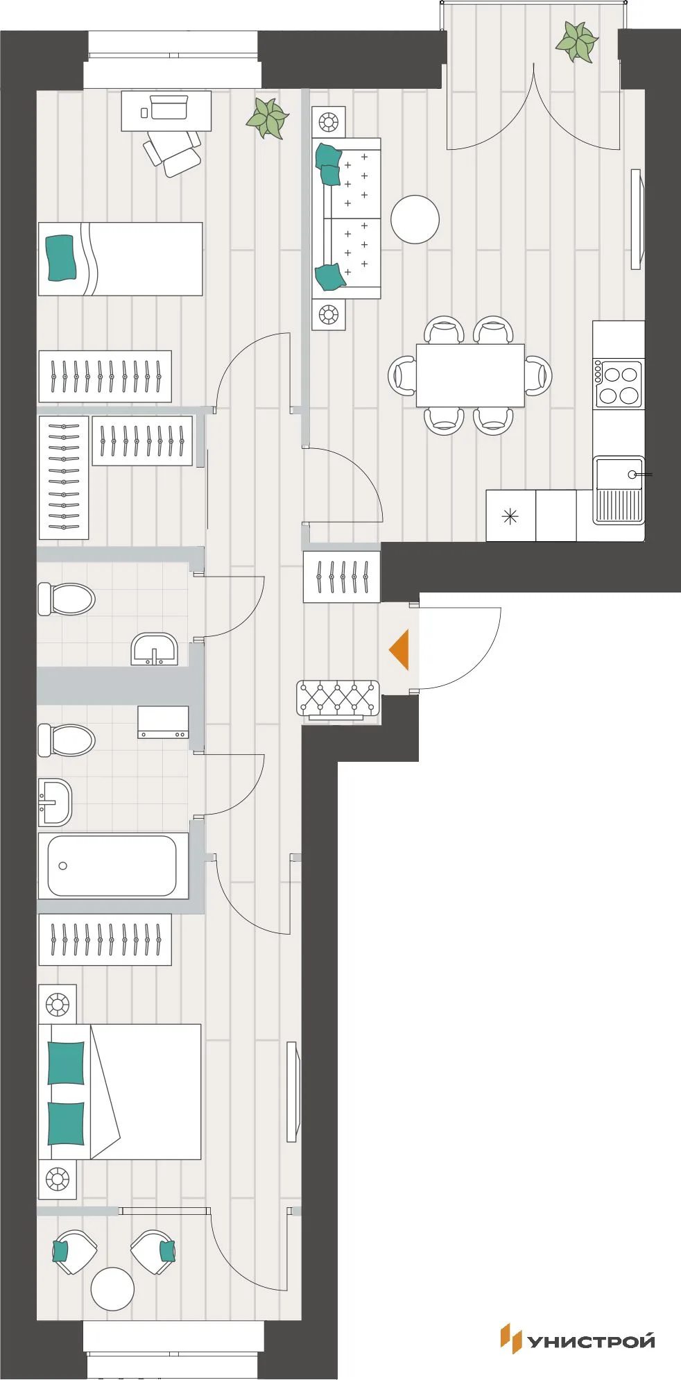 Планировка 2-комн. квартира, 60.64 м² ЖК «Аквамарин»