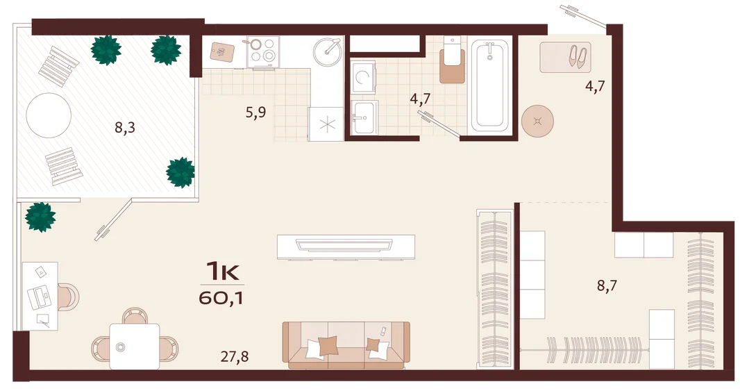 Планировка 1-комн. квартира, 60.1 м² ЖК «Роялта»