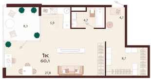 Планировка 1-комн. квартира, 60.1 м² ЖК «Роялта»