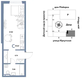 Планировка Студия, 33.62 м² ЖК «Остров-сад»