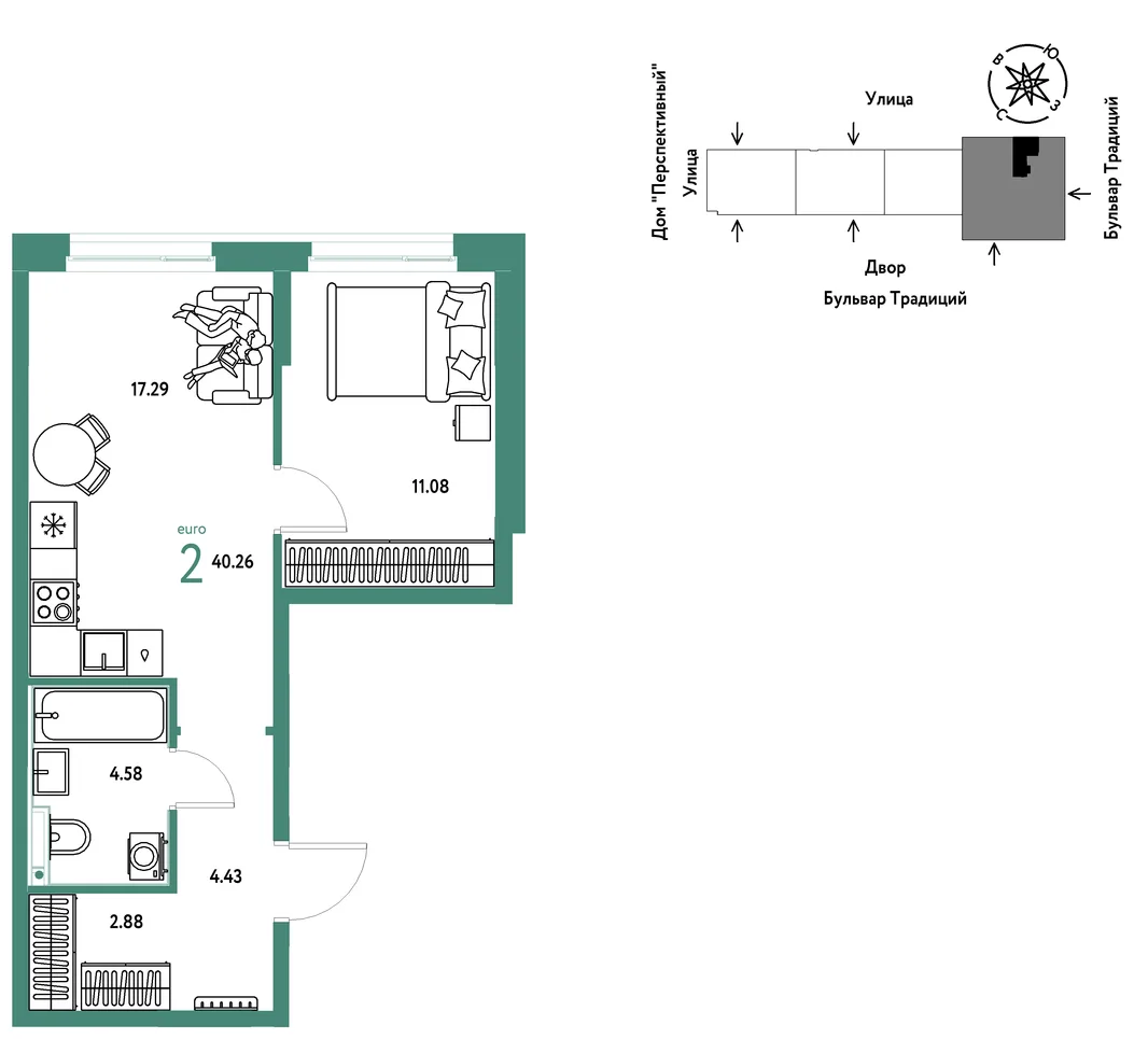 Планировка 2-комн. квартира, 40.26 м² ЖК «Микрорайон Домашний»
