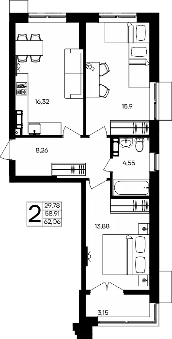Планировка 2-комн. квартира, 62.06 м² ЖК «Семисчастье»