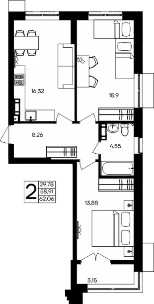 Планировка 2-комн. квартира, 62.06 м² ЖК «Семисчастье»