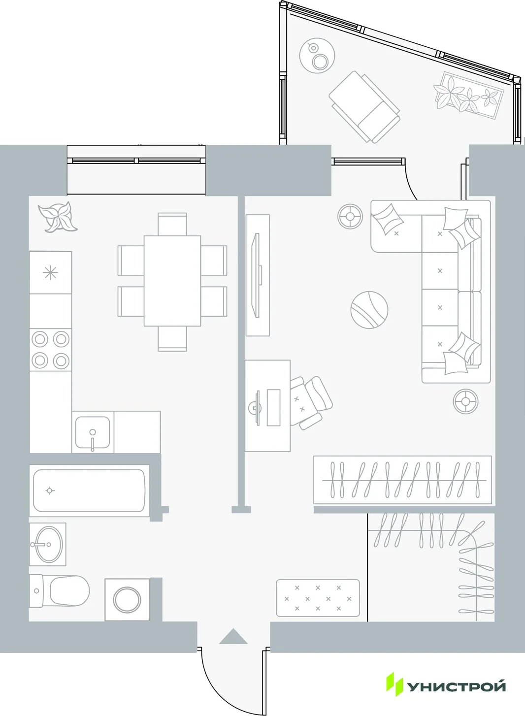 Планировка 1-комн. квартира, 39.54 м² ЖК «Причал»