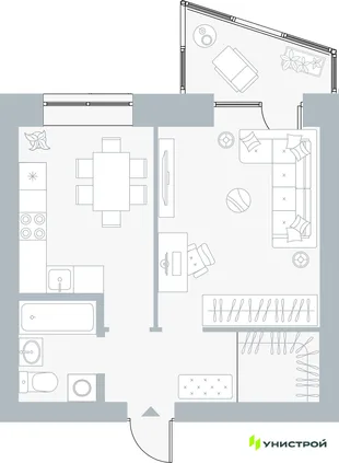 Планировка 1-комн. квартира, 39.54 м² ЖК «Причал»