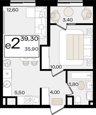 Планировка 2-комн. квартира, 39.3 м² ЖК «Патрики»