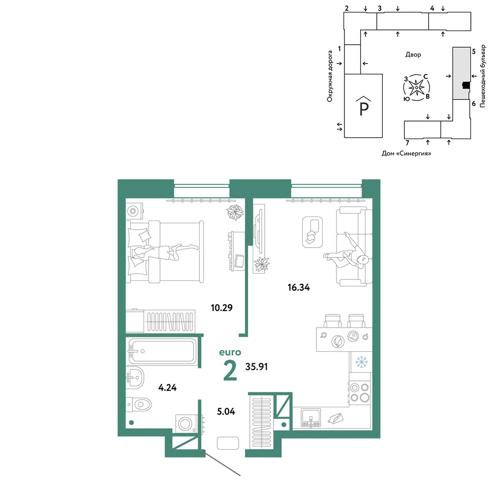 Планировка 2-комн. квартира, 35.91 м² ЖК «Юнион»