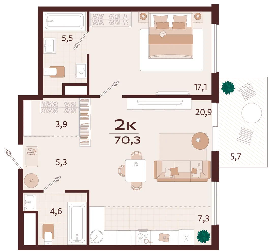 Планировка 2-комн. квартира, 70.3 м² ЖК «Роялта»