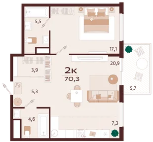 Планировка 2-комн. квартира, 70.3 м² ЖК «Роялта»