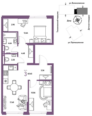 Планировка 3-комн. квартира, 60.65 м² ЖК «Страна Прибрежная»