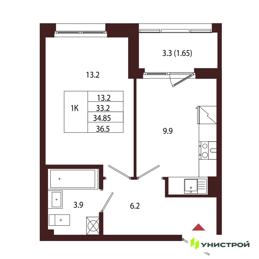 Планировка 1-комн. квартира, 34.85 м² ЖК «Лисино»
